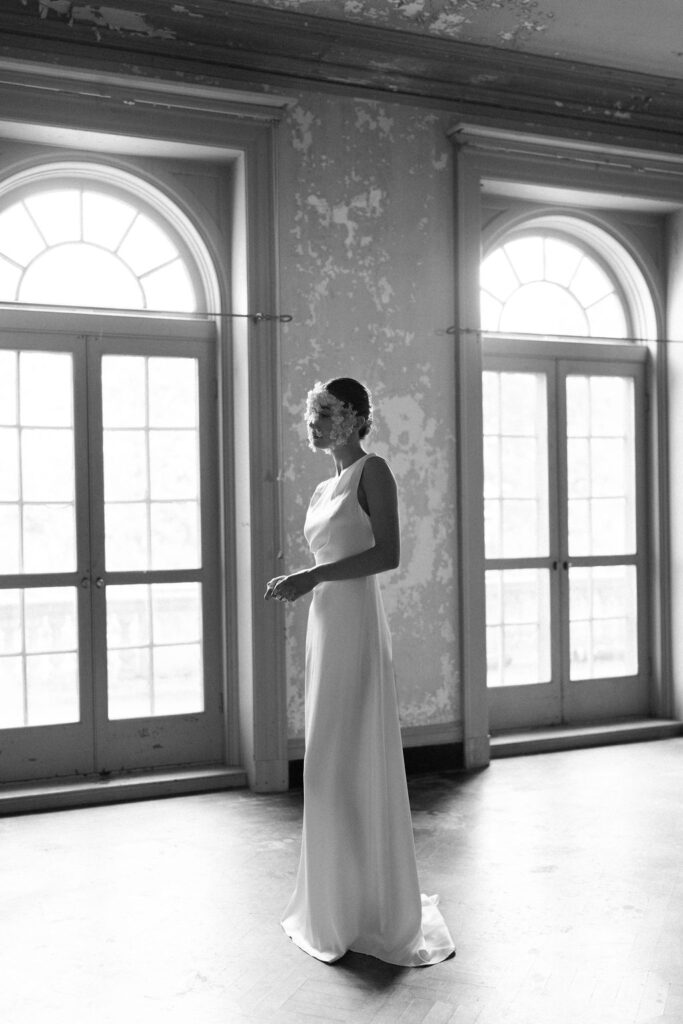 black and white portrait of bride in wedding dress