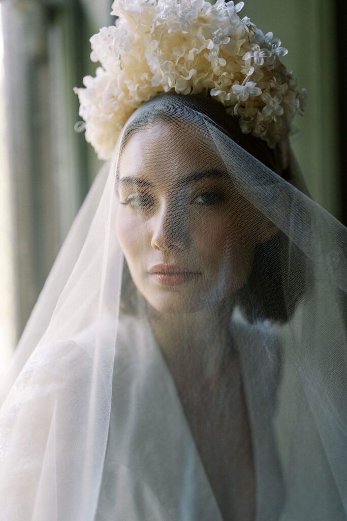 close up of bride with veil over her face