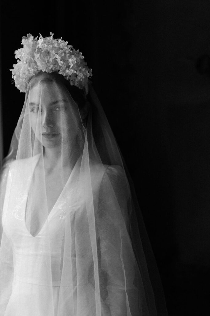 black and white portrait of bride with veil over face